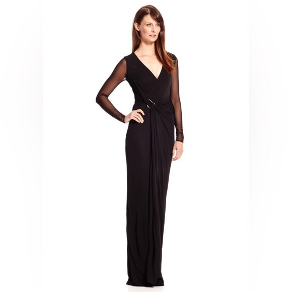 Halston Heritage Dresses & Skirts - HALSTON HERITAGE Black Sheer Sleeve Ruch Wrap Elegant Gala Evening Maxi Dress